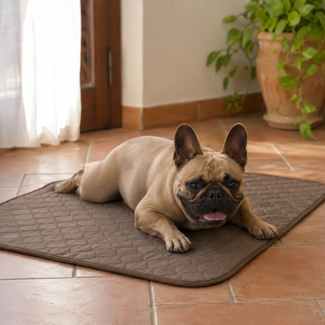 Franse bulldog liggend op een bruine Frimouf Ice koelmat