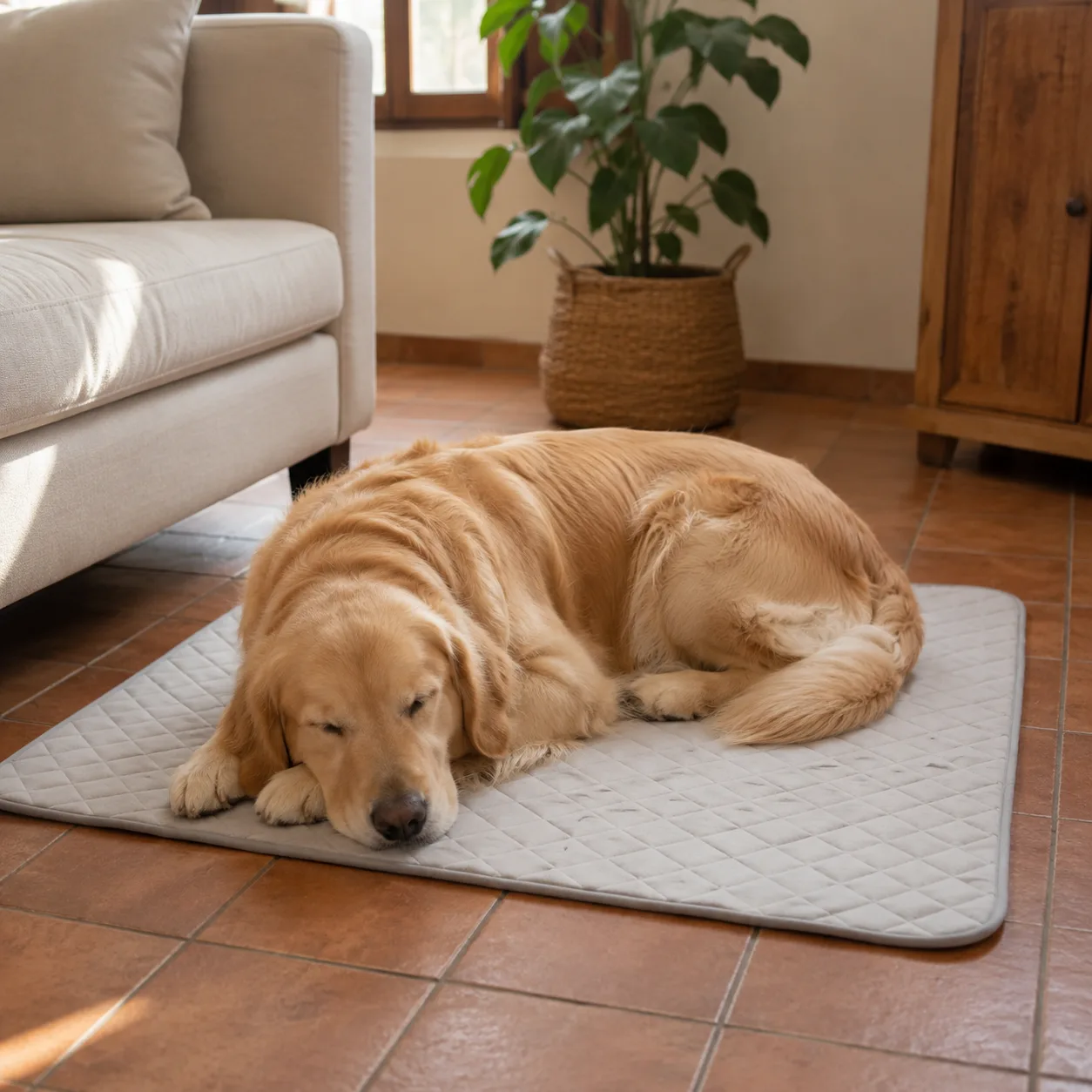 Golden retriever die slaapt met zijn kop op zijn poten op een grijze koelmat