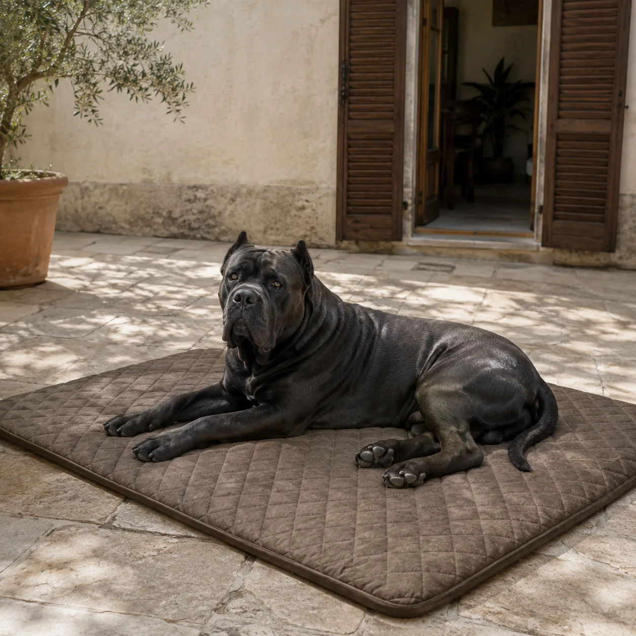 Cane Corso disteso sulla taglia XL da 150 per 100 cm
