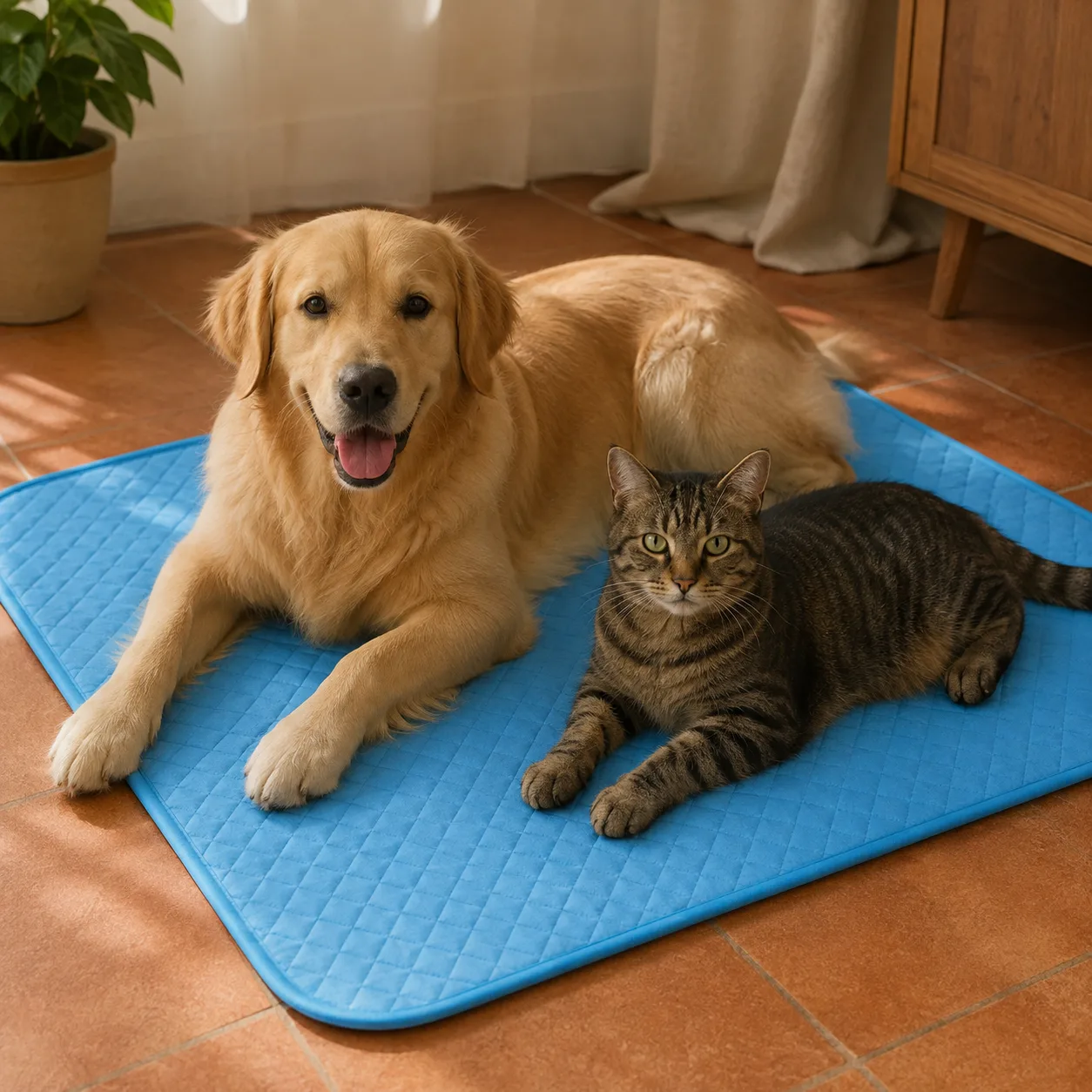 Hond en kat samen op een grote koelmat