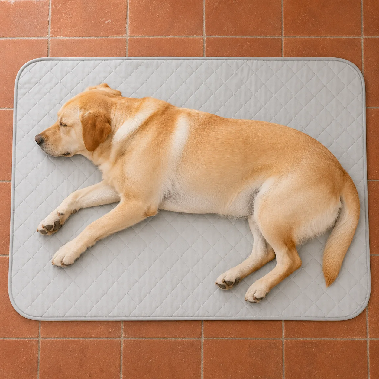Labrador van bovenaf op de koelmat, zijn lichaam bedekt bijna het hele oppervlak