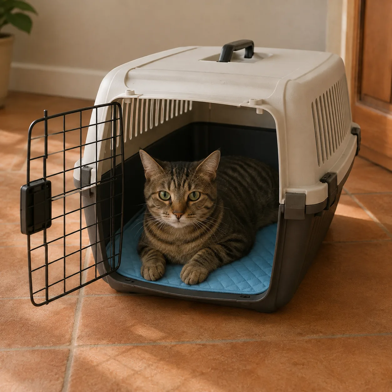 Koelmat op de bodem van een open reismand, met een cyperse kat erin