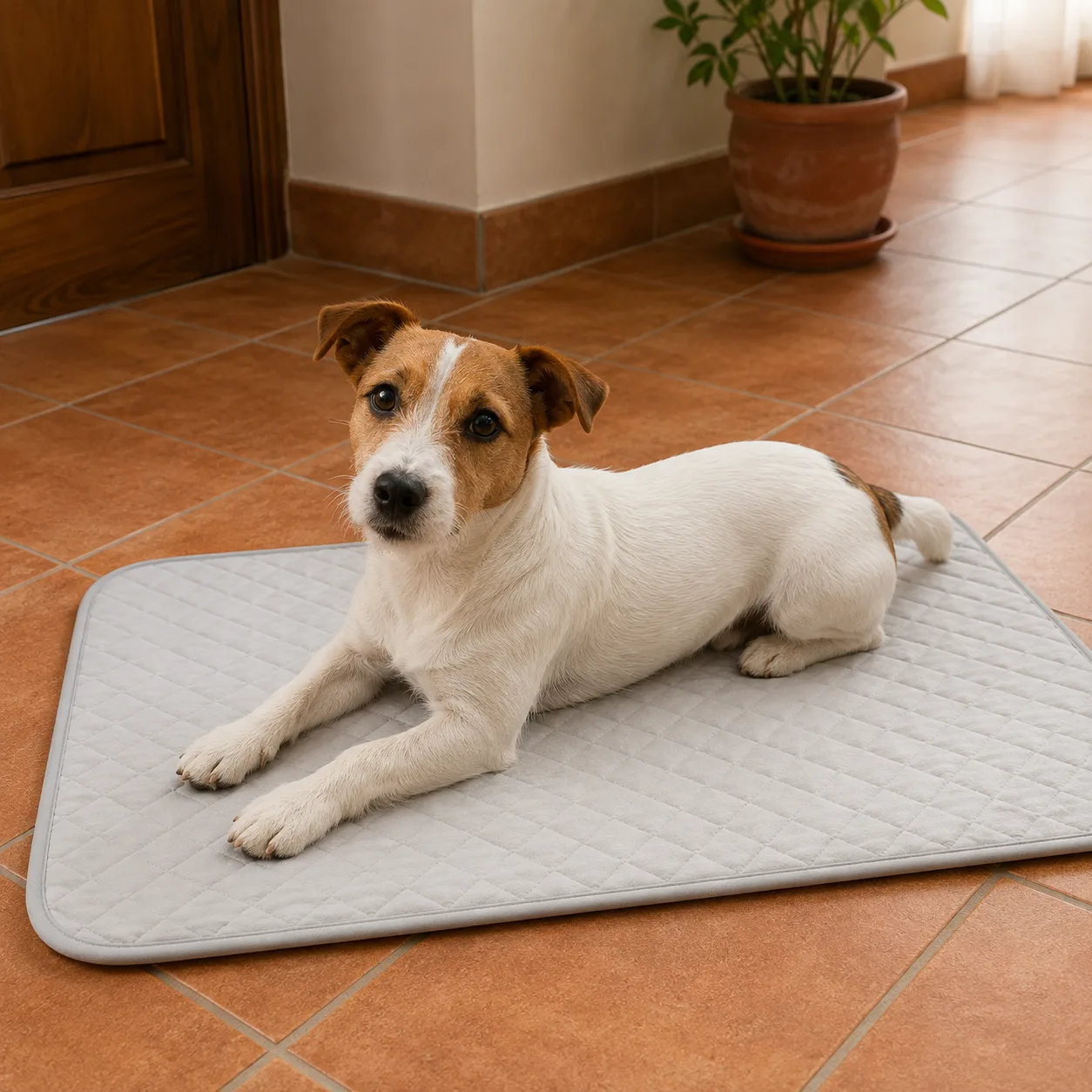 Jack russell terriër alert liggend op een grijze koelmat