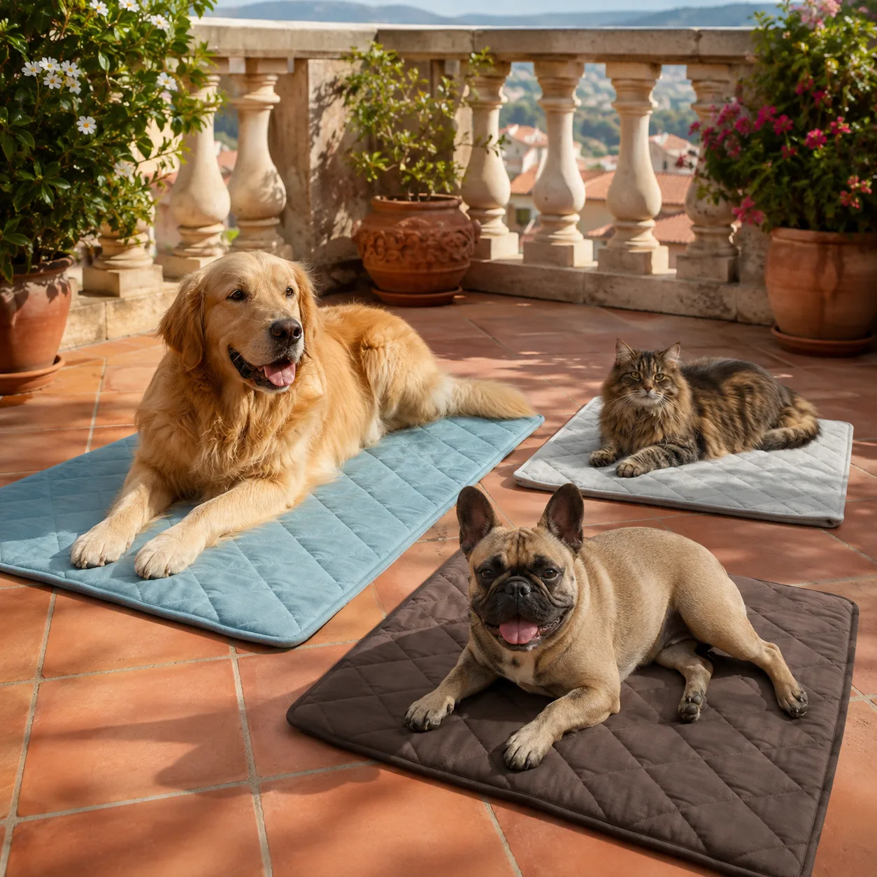 Golden retriever, Franse bulldog en langharige kat op drie Frimouf Ice koelmatten op het terras