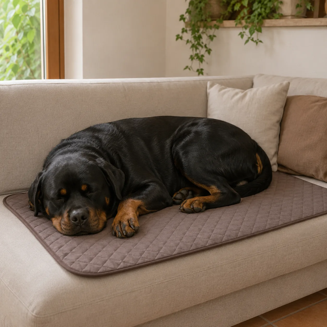 Rottweiler die slaapt op een bruine koelmat op de bank