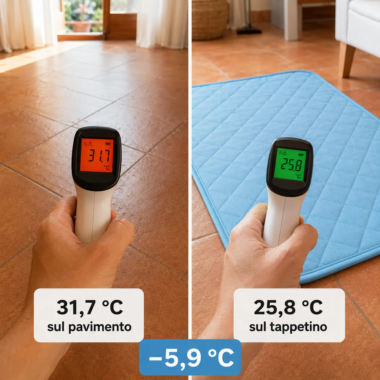Infraroodthermometer op de kale vloer en op de Frimouf Ice koelmat, in dezelfde kamer