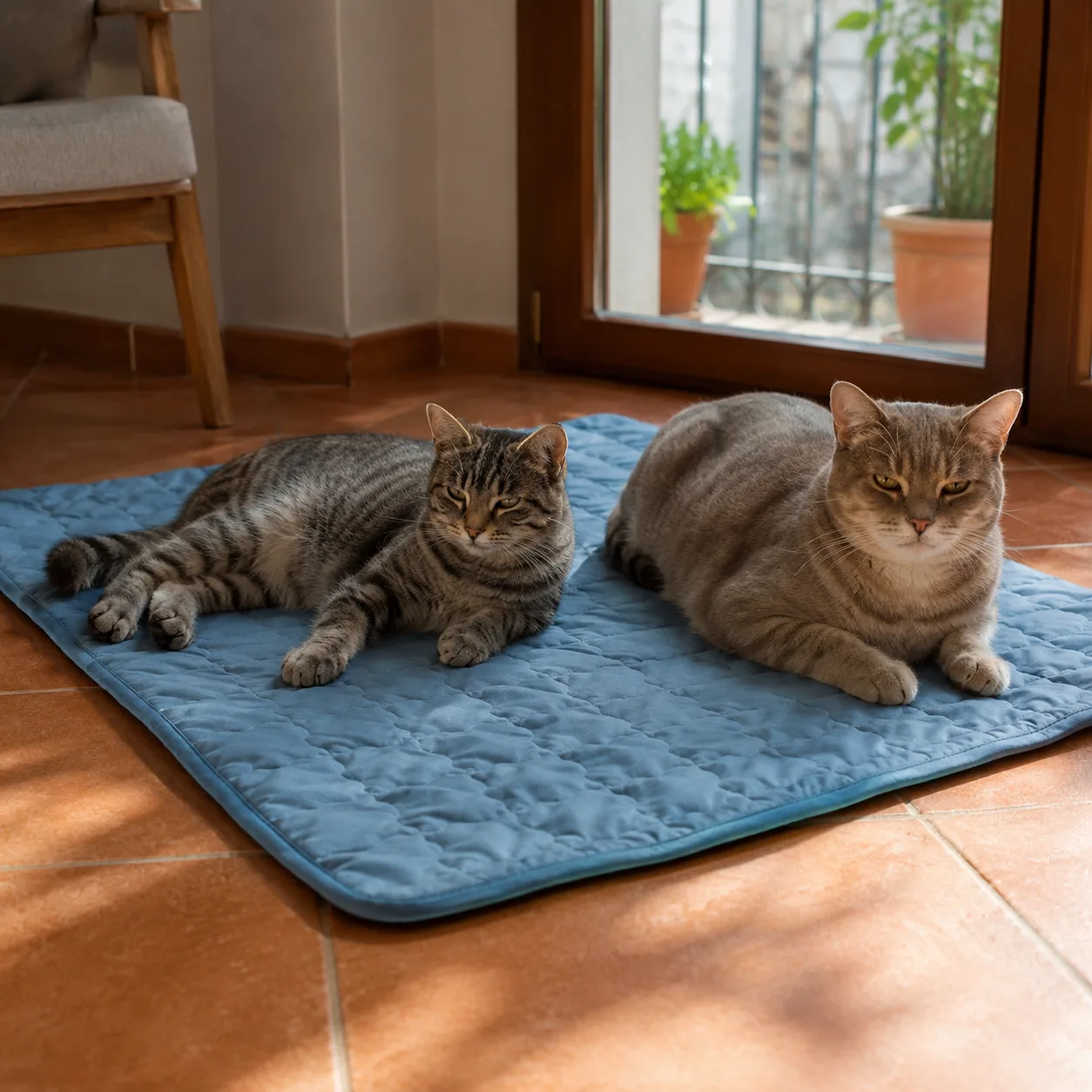 Twee katten naast elkaar op een grote blauwe Frimouf koelmat