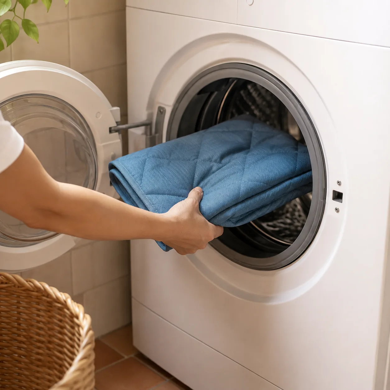 Opgevouwen blauwe koelmat die in de trommel van de wasmachine wordt gelegd
